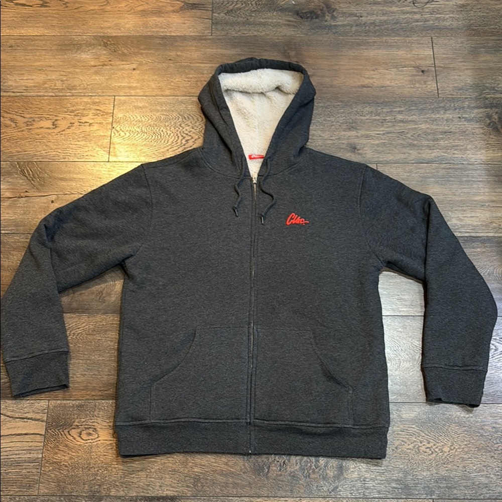 Clsc Gray Zip-Up Hoodie with Red Logo full faux fur/Sherpa lined
